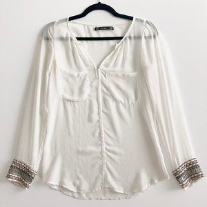 ZARA Beaded Cuff Sheer Top